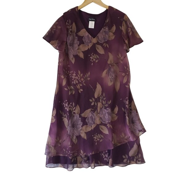 Kathy Roberts Purple Floral Layered Chiffon Dress Size 16 Elegant Evening USA - Picture 1 of 6